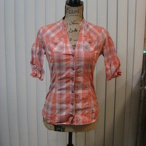 NWOT Guess red white plaid logo shirt top XS extra small